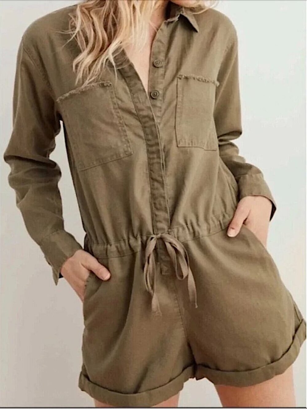 Aerie Olive Green Linen Blend Utility Long Sleeve Romper Women's Size XS